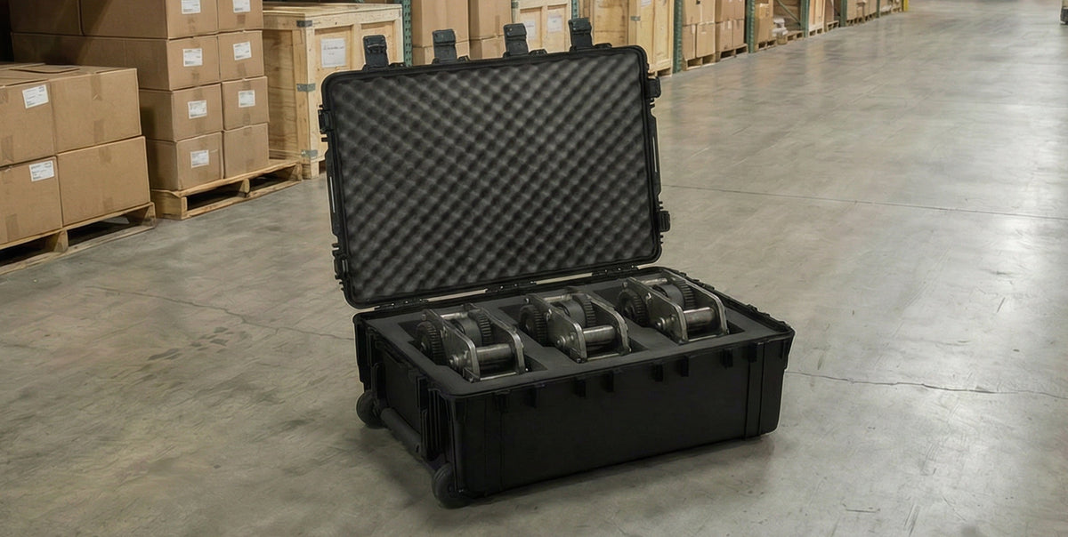 Open Condition 1 #2308 wheeled case with foam inserts on a warehouse floor