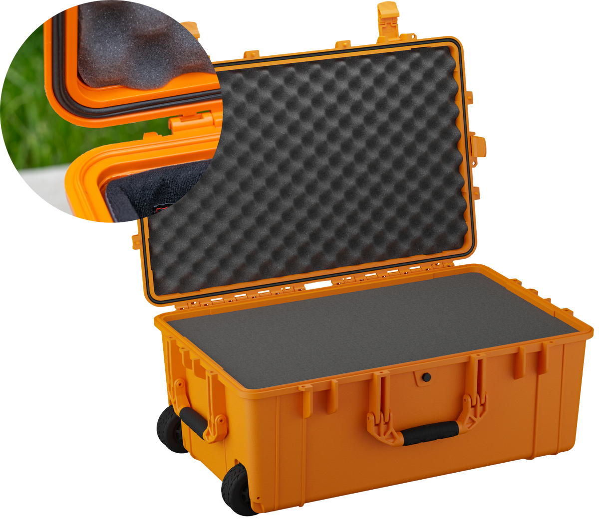 Orange Condition 1 case open, with a close-up of the rubber lid gasket