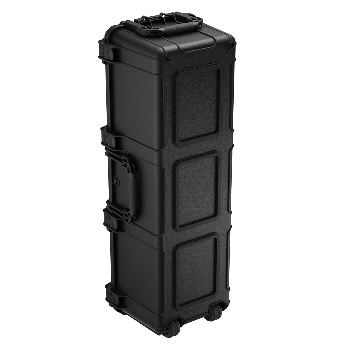 Black 114 cm long storage trunk with wheels, handles, and reinforced edges, ideal for secure travel or equipment storage.