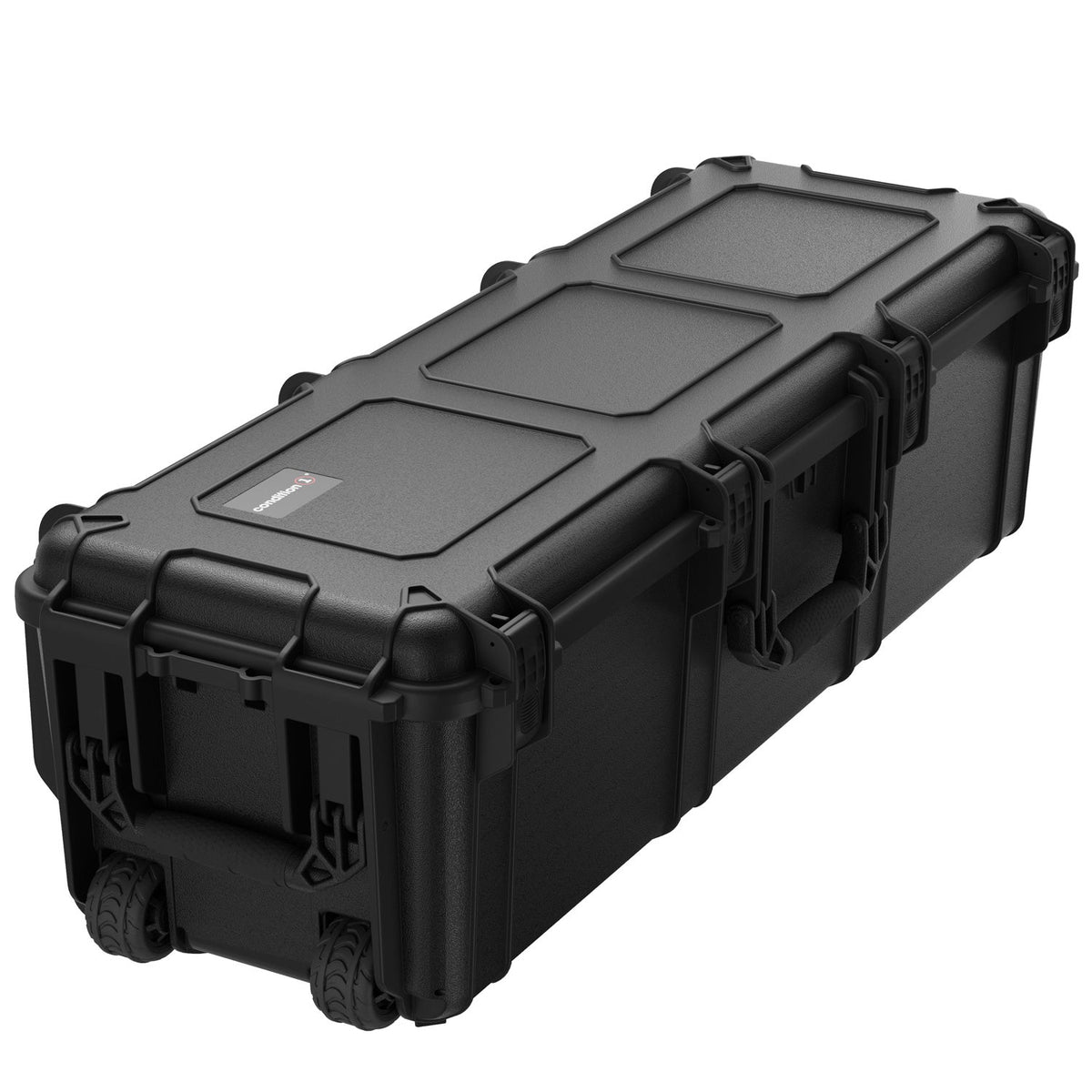 Black 114 cm long, heavy-duty protective storage trunk with wheels, handles, and secure latches for durable transport.