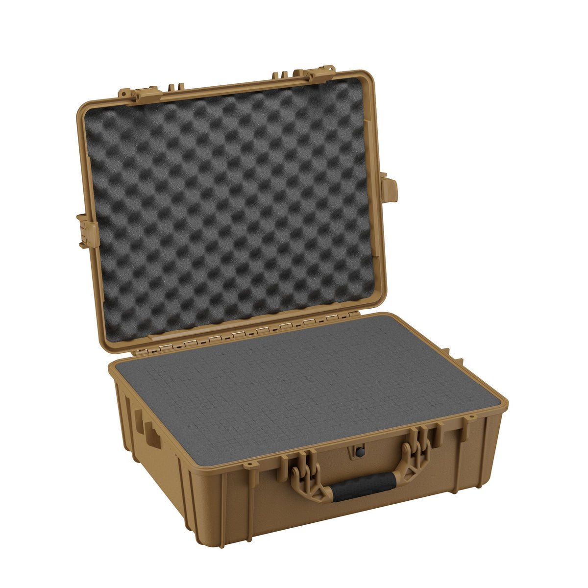 Open 64 cm large protective case in tan with foam inserts. The case features robust latches, a reinforced exterior, and a pre-cut foam lining in the lid and base for secure storage of equipment.
