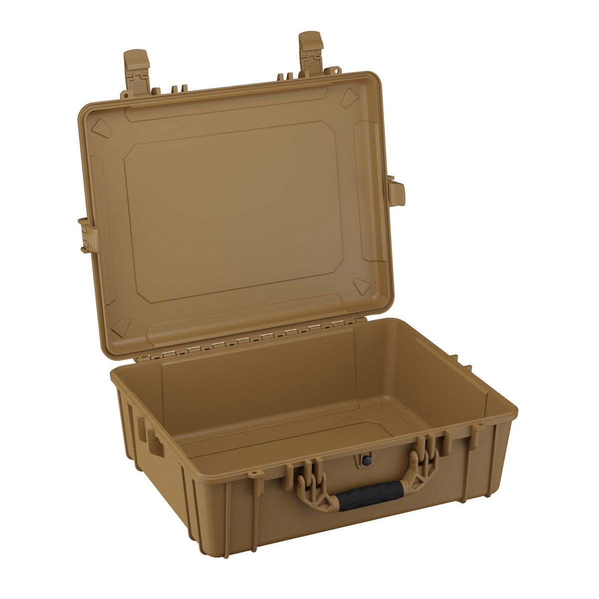 Open 64 cm large protective hard case in tan color, featuring sturdy latches and a reinforced handle, with a spacious, empty interior, ideal for storing and transporting sensitive equipment.