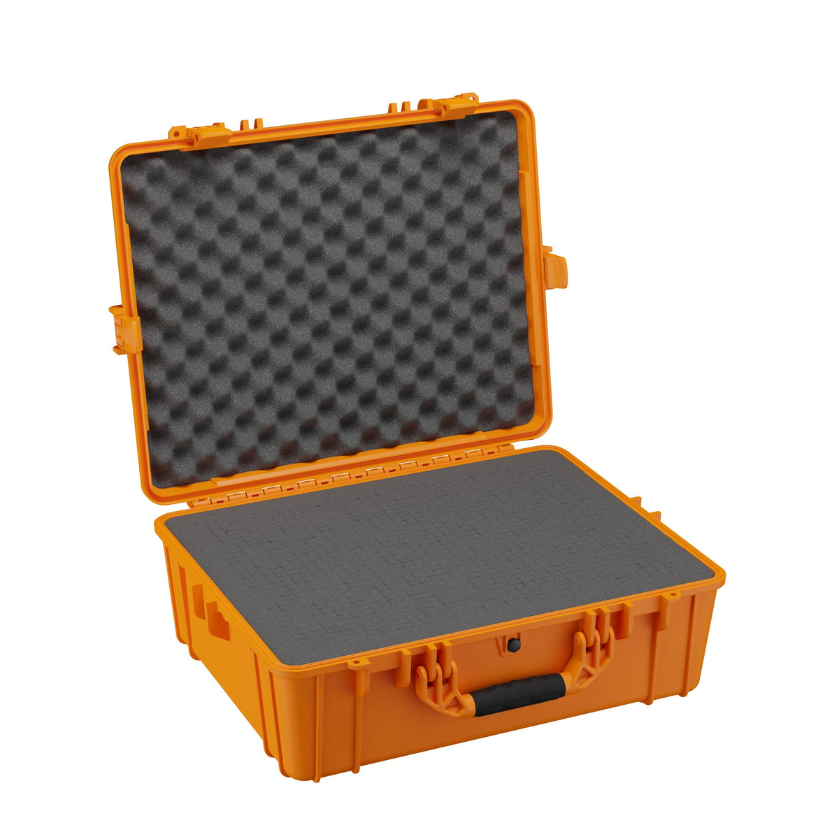 Bright orange, 64 cm large protective hard case opened to display its foam-padded interior, featuring egg carton foam in the lid and a flat foam layer in the base, designed for securing fragile items.
