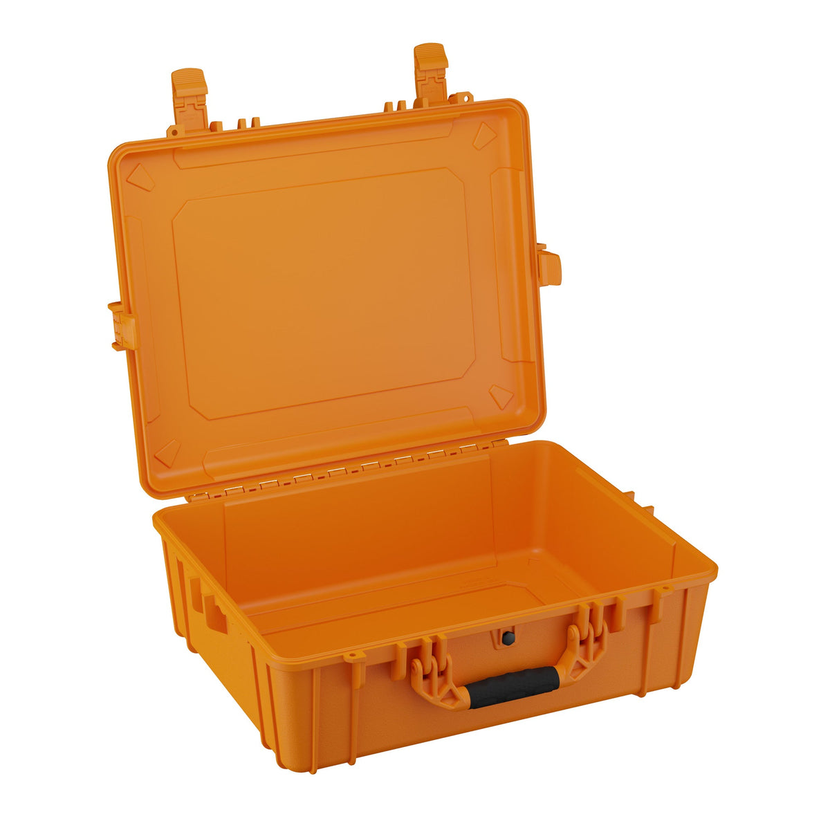 Open 64 cm large orange hard case with sturdy handles and secure latches, model number 839, ideal for storing and protecting equipment.