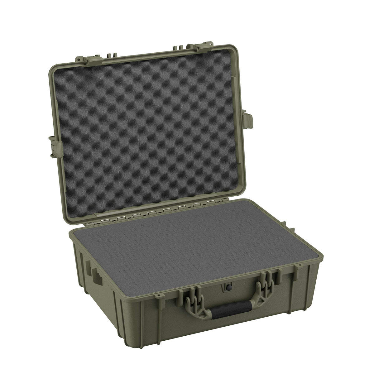 Open 64 cm large protective case with foam interior, #839, in olive green color, featuring sturdy latches and a handle, suitable for secure storage and transport of sensitive equipment.