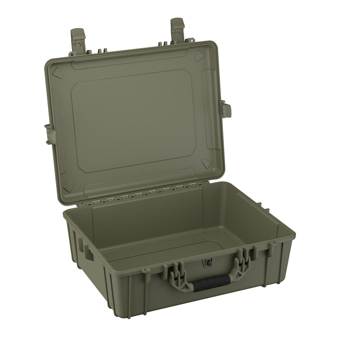 64 cm large olive green hard case, model #839, opened to show interior, featuring robust handles and secure latches for protection and transport.