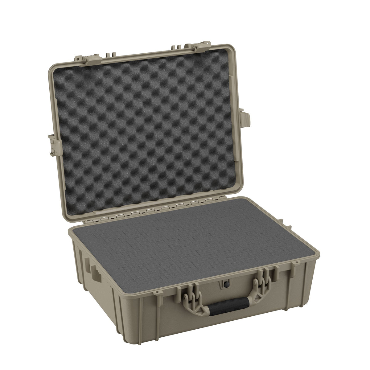 Open 64 cm large protective case in olive green with egg-crate foam lined interior lid and flat foam bottom, featuring durable latches and handle for secure transport.