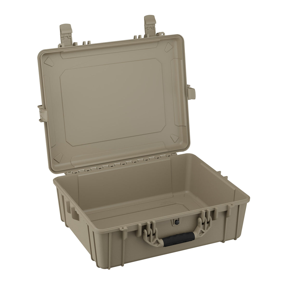 Open 64 cm large protective case in olive green, model number 839, showcasing its empty interior and durable exterior design with secure latch closures.