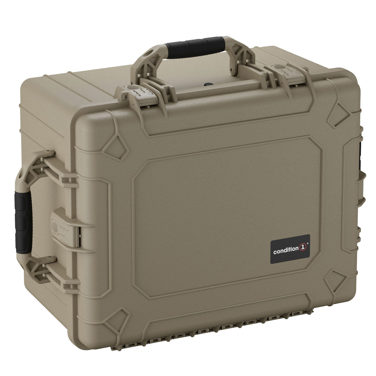 A 64 cm large, robust desert tan protective case branded with "Condition 1," featuring heavy-duty latches, a reinforced handle, and stackable design, suitable for secure storage and transportation of sensitive equipment.