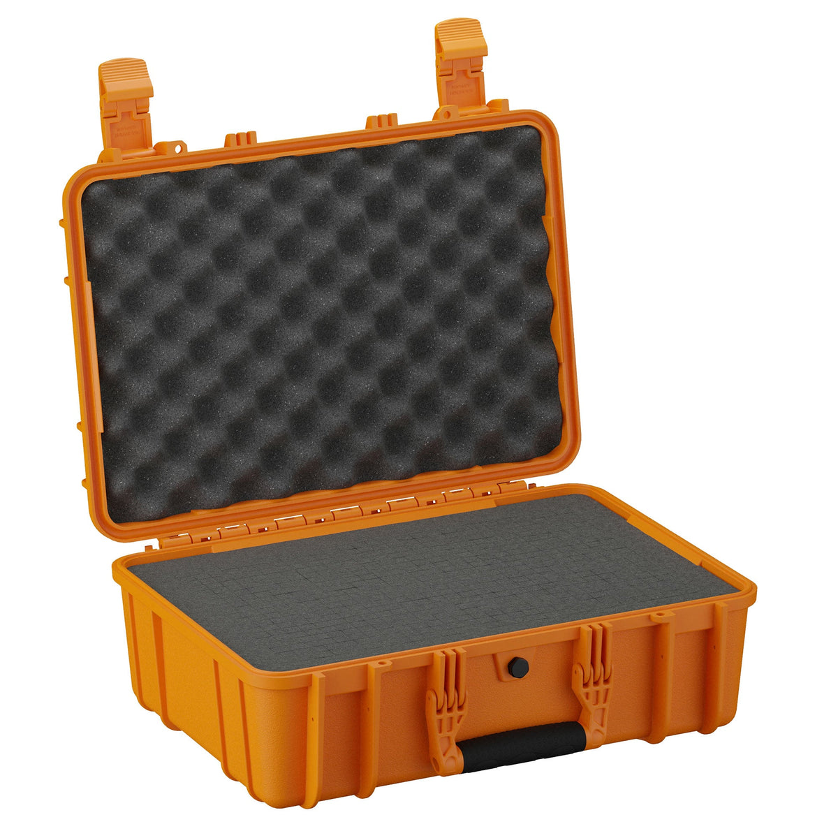 Orange medium-sized protective hard case, model #801, 46 cm, with open lid showing black foam interior with convoluted foam in the top section for cushioning and a flat foam layer in the bottom.