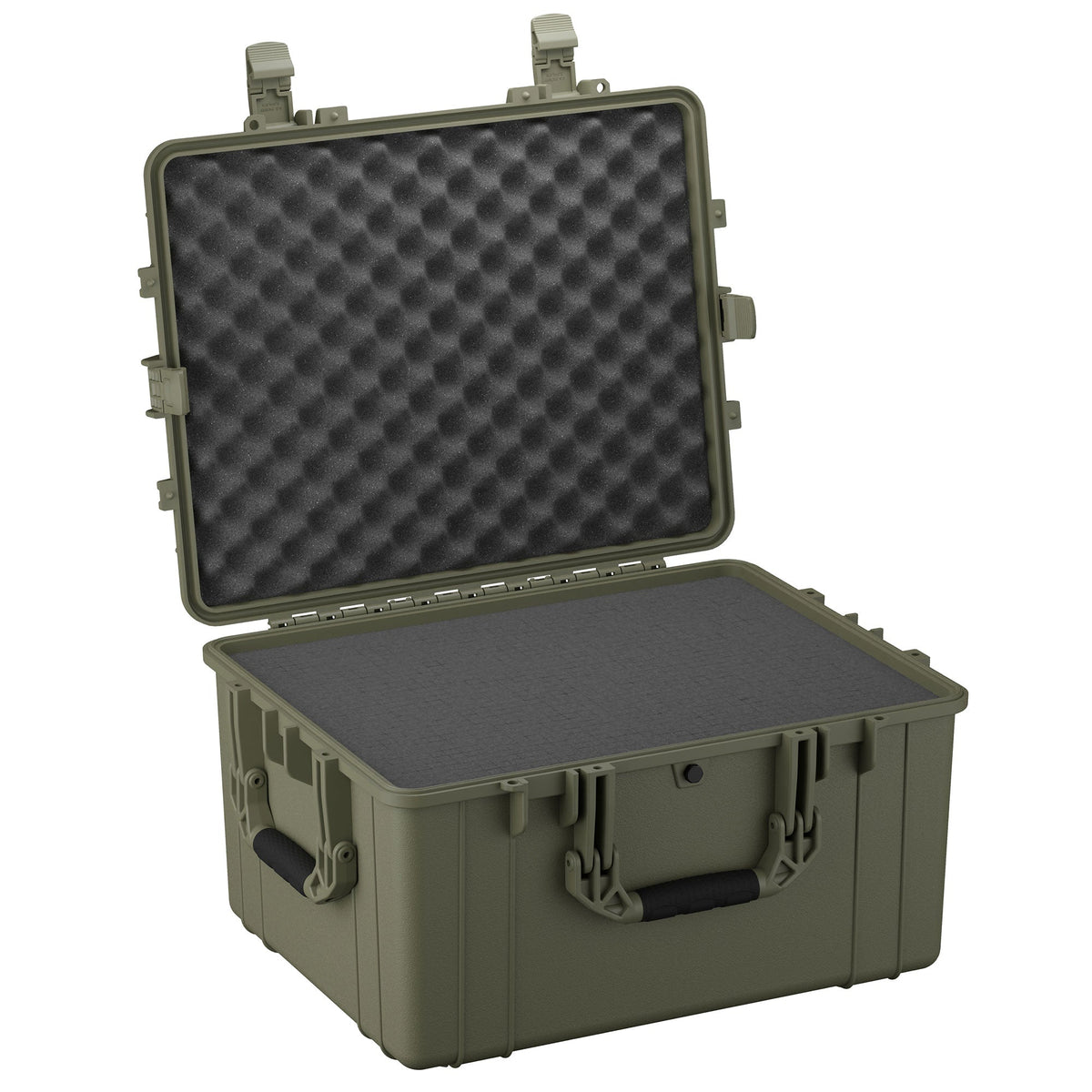 64 cm large olive green protective case with sturdy handle, dual latching system, and egg-carton foam interior, open and viewed from the front.