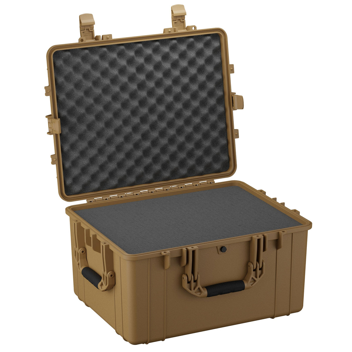 Open 64 cm large sturdy tan case with dual sturdy latches and foam interior. The case is designed for safe storage and transport of delicate items, featuring a convoluted foam padding on the inside of the lid and a flat