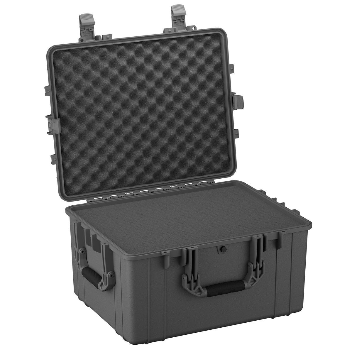 Large 64 cm protective hard case in dark gray, shown open with one lid standing upright revealing a dense foam interior. Features sturdy latches and reinforced corners designed for durability and secure transport.