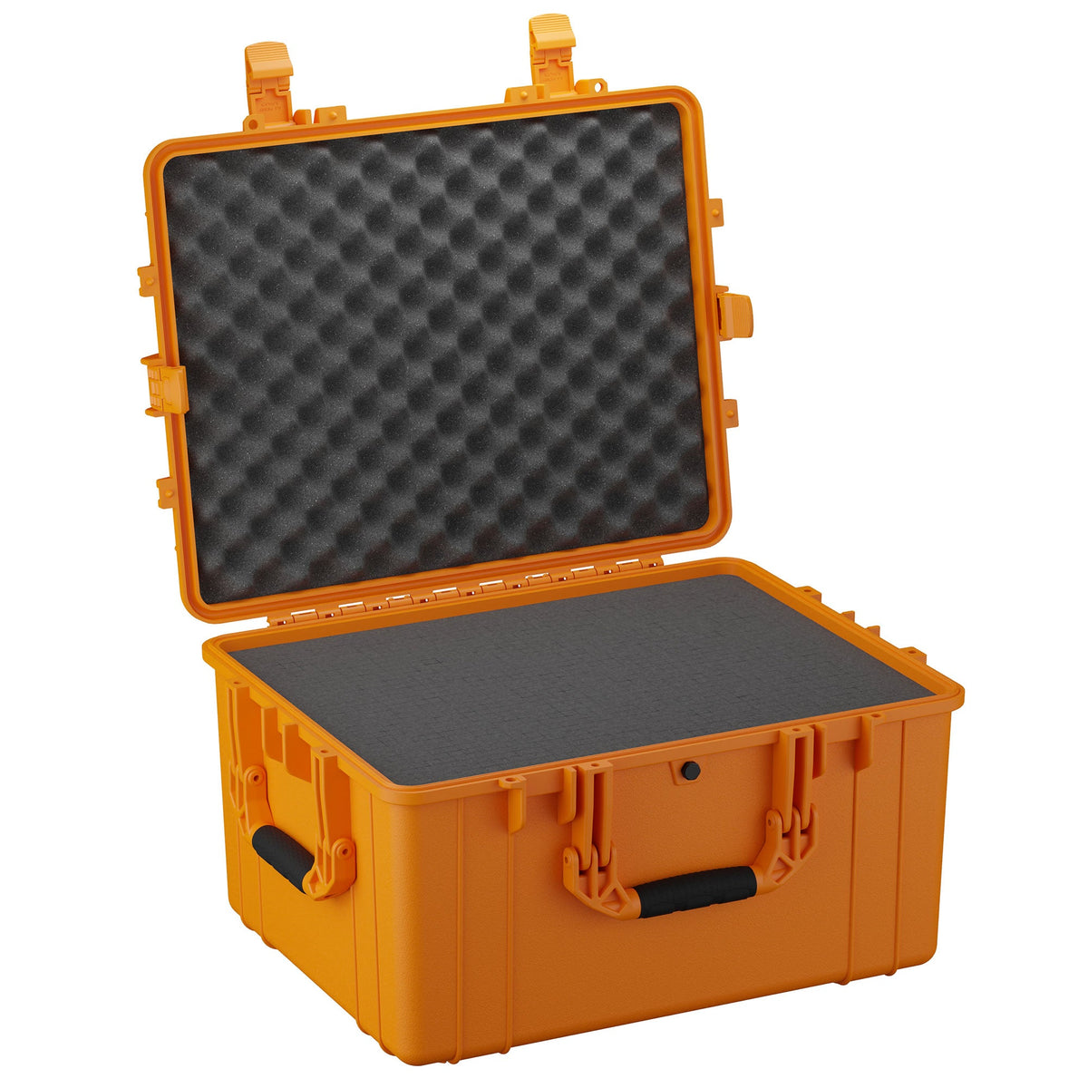 Large 64 cm orange protective case with open lid, showcasing internal foam padding on both base and lid, featuring dual locking clasps and side handles.