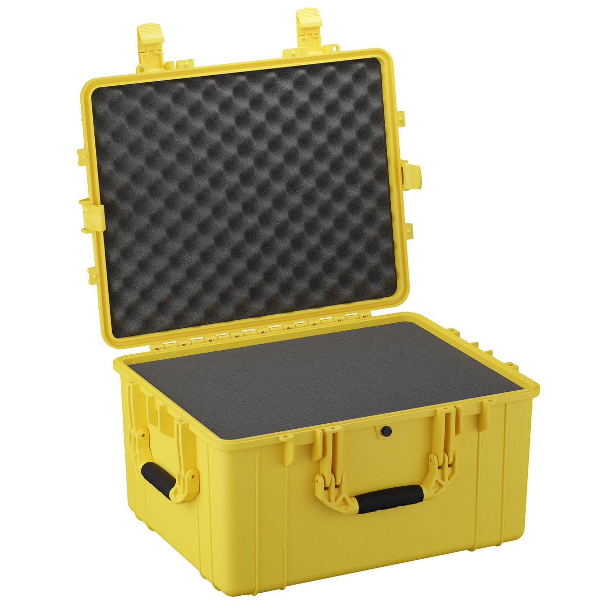 Open large yellow protective case, 64 cm, with foam interior, featuring secure latches and sturdy handle, ideal for sensitive equipment.