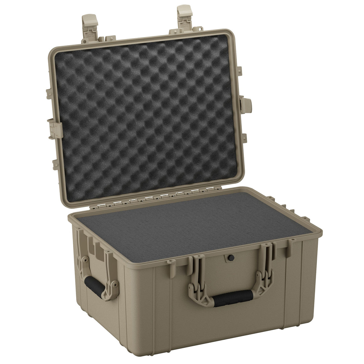 Open 64 cm large protective hard case in tan, featuring rugged exterior with dual locking clasps and a black foam interior with a wave-patterned lid padding for cushioning and protection of contents.