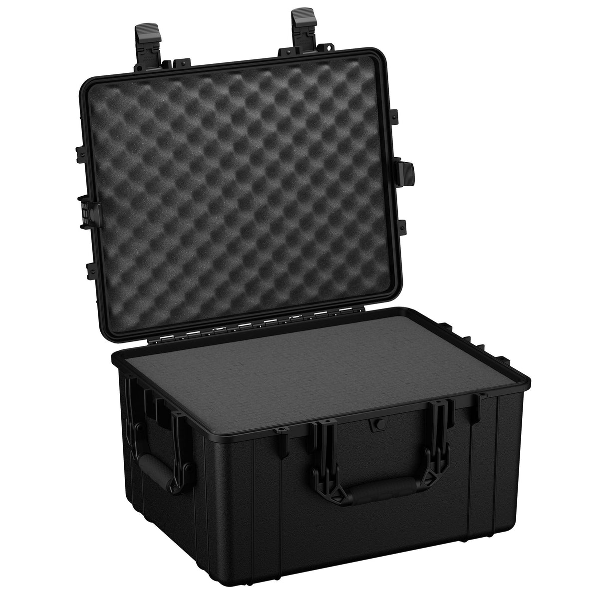 64 cm large black protective case with open lid, featuring a rugged exterior, dual locking clasps, and foam-lined interior for secure storage of items.