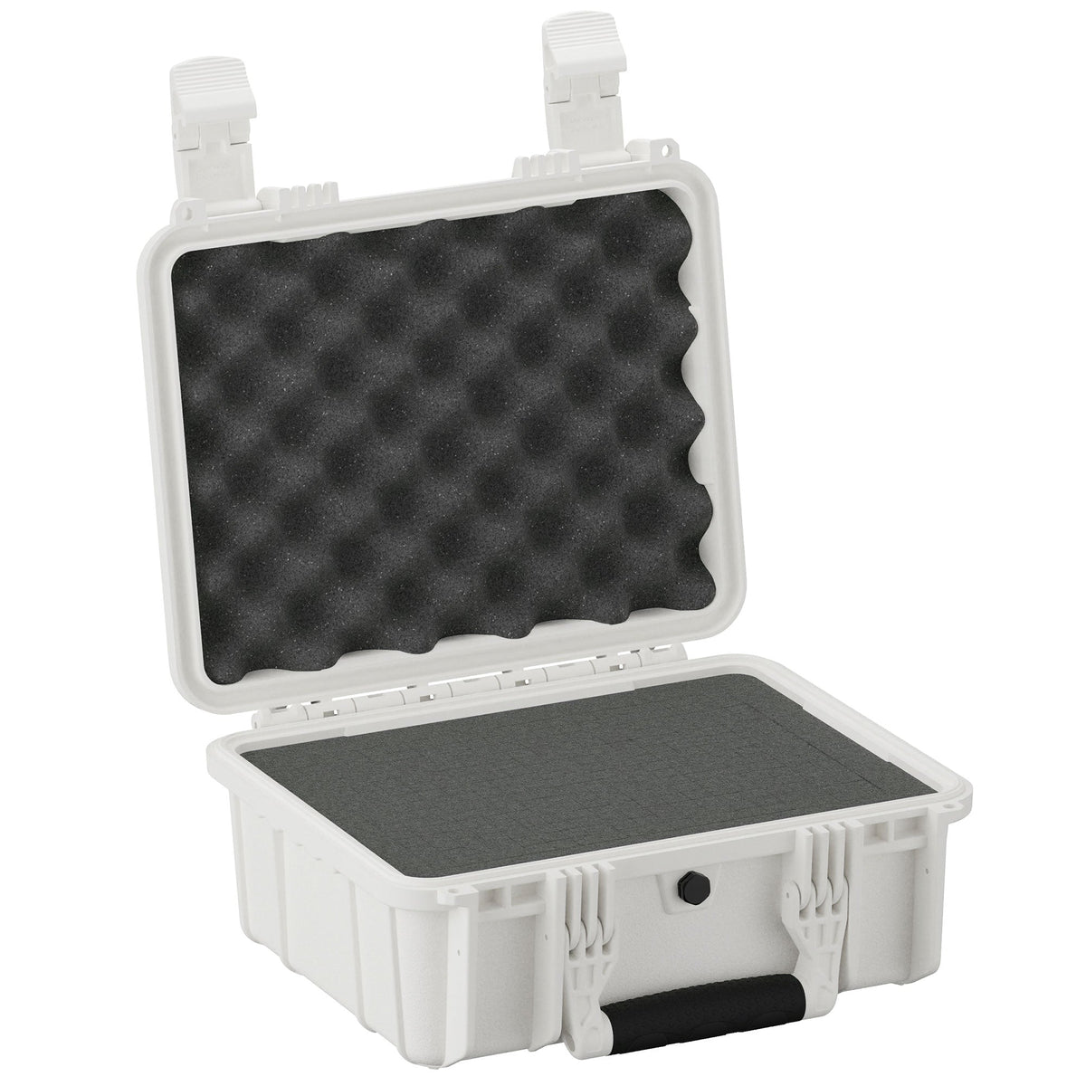 Open 36 cm medium-sized protective hard case in white with a foam-lined interior, featuring a convoluted foam on the lid and a flat foam in the base, durable locking clasps, and a handle.