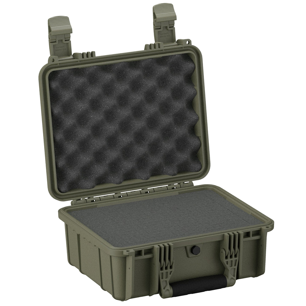 Rugged olive green 36 cm medium protective case, airtight and waterproof, opened to display foam-lined interior and egg-crate foam lid padding, durable latches visible on the sides.