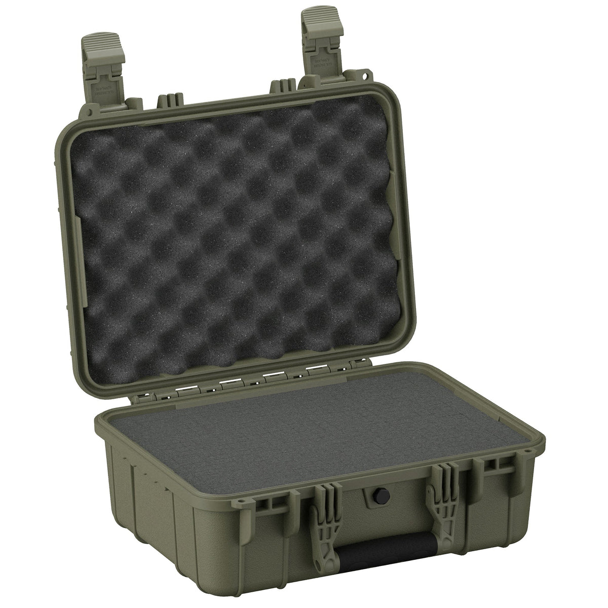 41 cm olive green medium-sized protective case, model #179, open to reveal foam interior. Features robust hinges and dual latch closures.