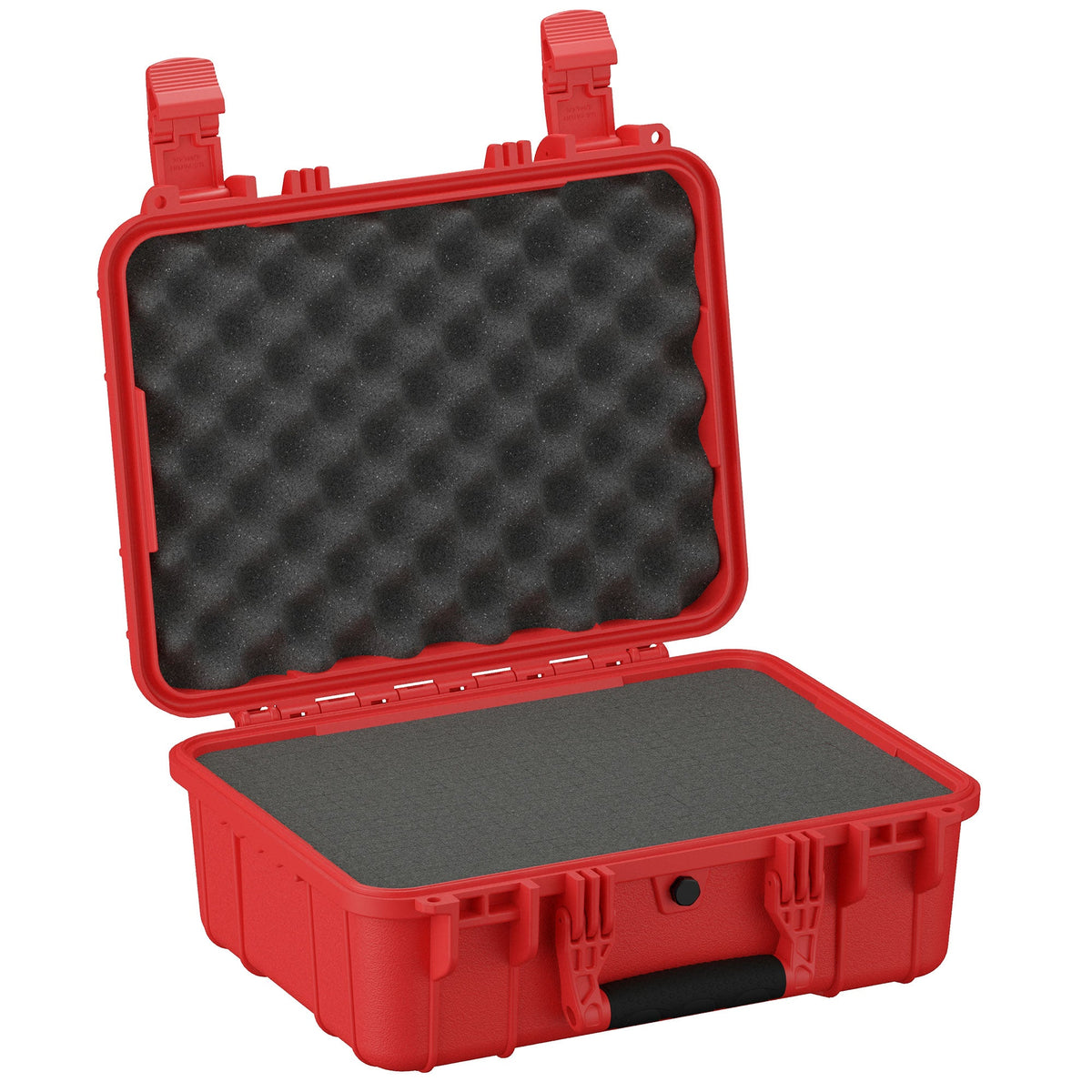 Red protective hard case, size 41 cm, open to reveal foam inserts in both the lid and base, with secure clasps on side for locking.