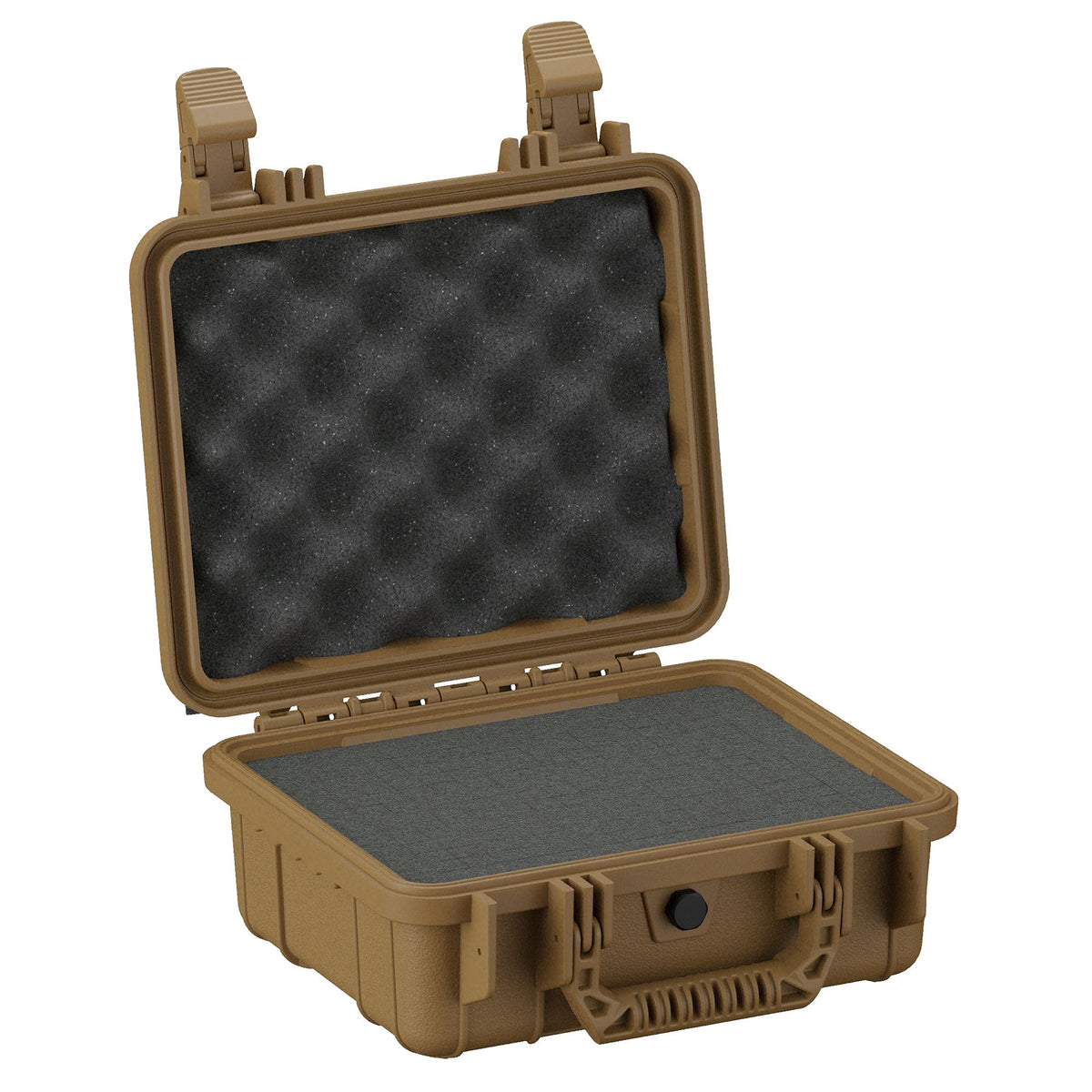 28 cm rugged brown small case, with open lid showing egg-crate foam interior, dual latch closure, and reinforced corners, for secure storage and transport.