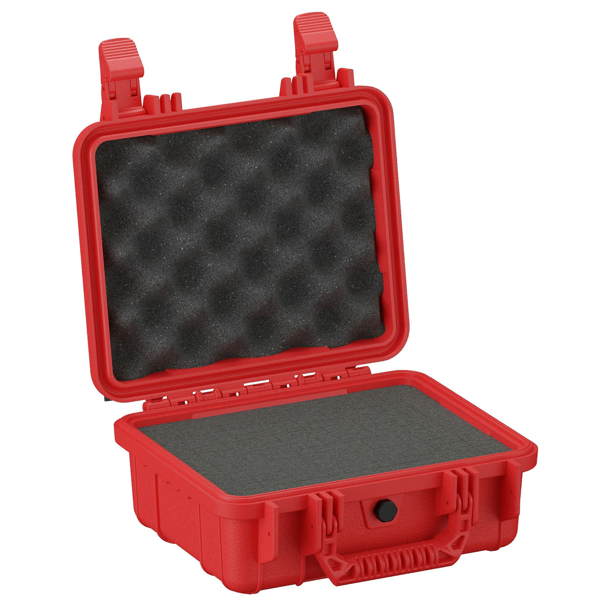 Red protective hard case, 28 cm, open and showcasing its foam-lined interior. The case features a rugged exterior design with secure latch closures and an egg-crate foam padding on the inside top lid.