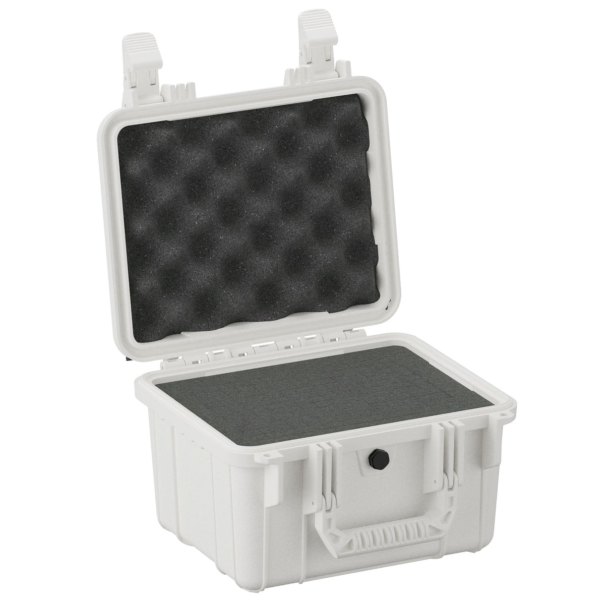28 cm white protective small case (Model #185) open, revealing internal foam padding. The case features robust latches and a handle, ideal for sensitive equipment storage.