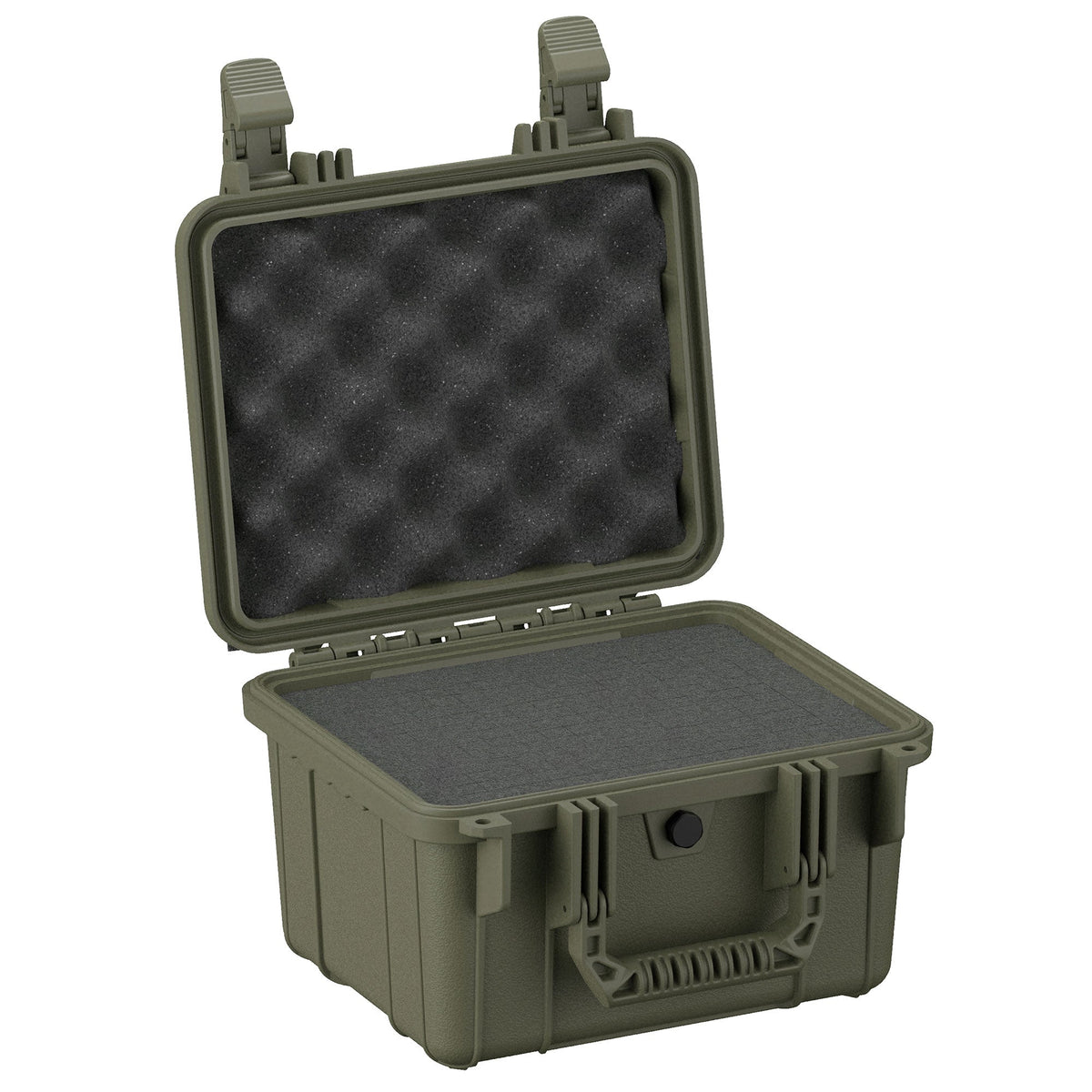 Olive green 28 cm protective case (#185) with open lid showing foam inserts, designed for secure storage and transportation of sensitive items.