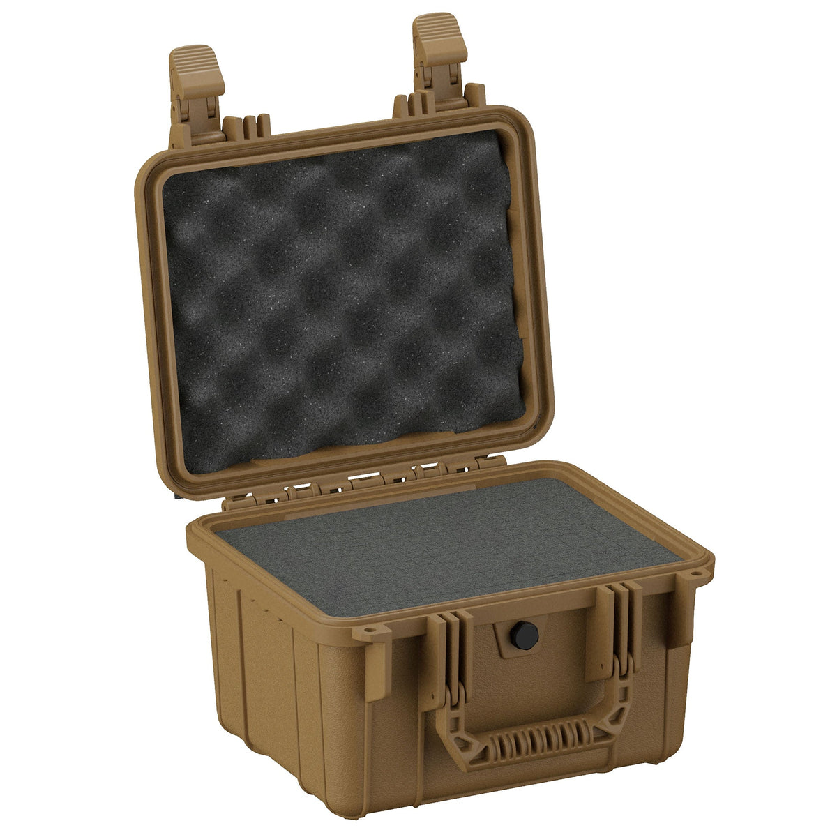 Open 28 cm small protective case in desert tan color, featuring sturdy clasps and interior foam padding, suitable for securing delicate items.