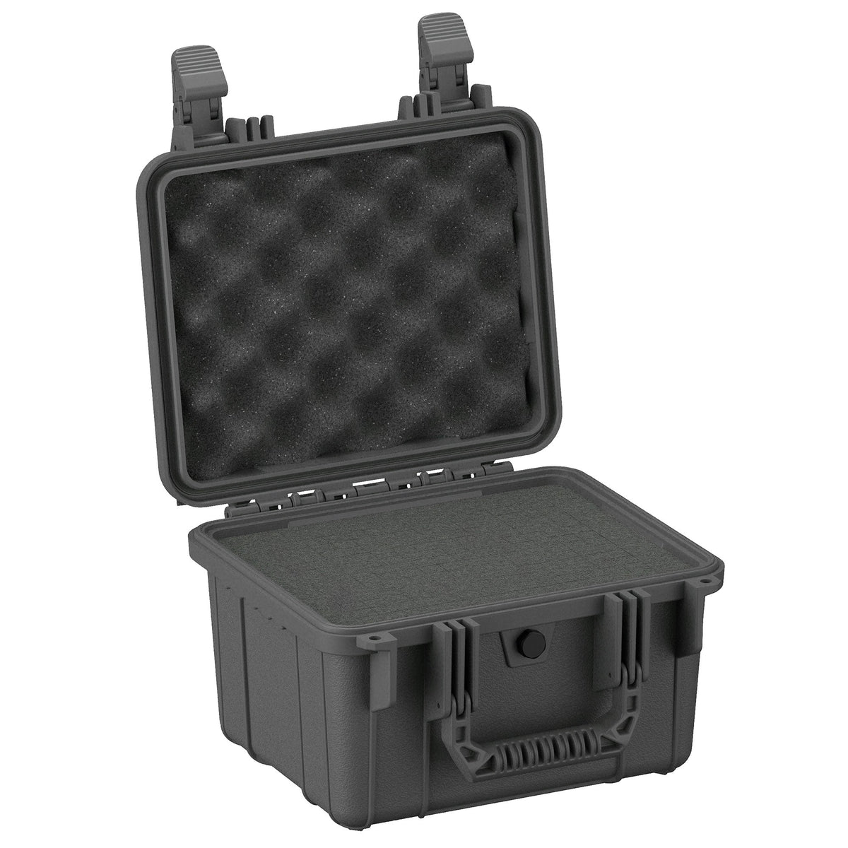 28 cm small, rugged protective case open, displaying foam inserts on both the base and the lid, designed for secure storage and transportation of delicate items.