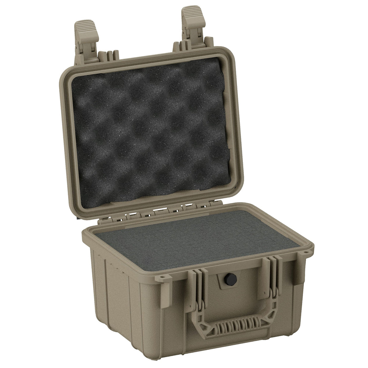 Durable 28 cm small protective case in olive green, featuring a rugged exterior, secure latches, and a foam-padded interior for cushioning, open and standing upright to display both sections.