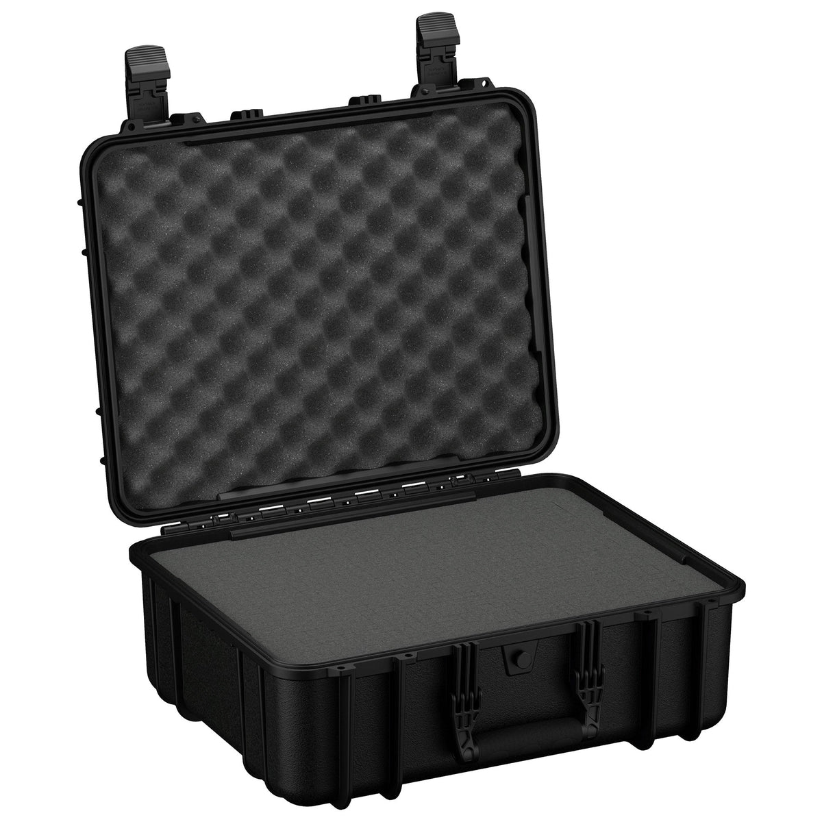 51 cm large black protective hard case with foam interior, open, showing customizable foam padding both in the base and the lid for securing contents.