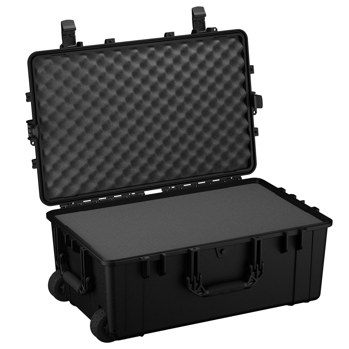 79 cm large black protective case with a rugged design, featuring wheels, double-throw latches, and a foam-lined interior. Case #1258, shown open and empty.