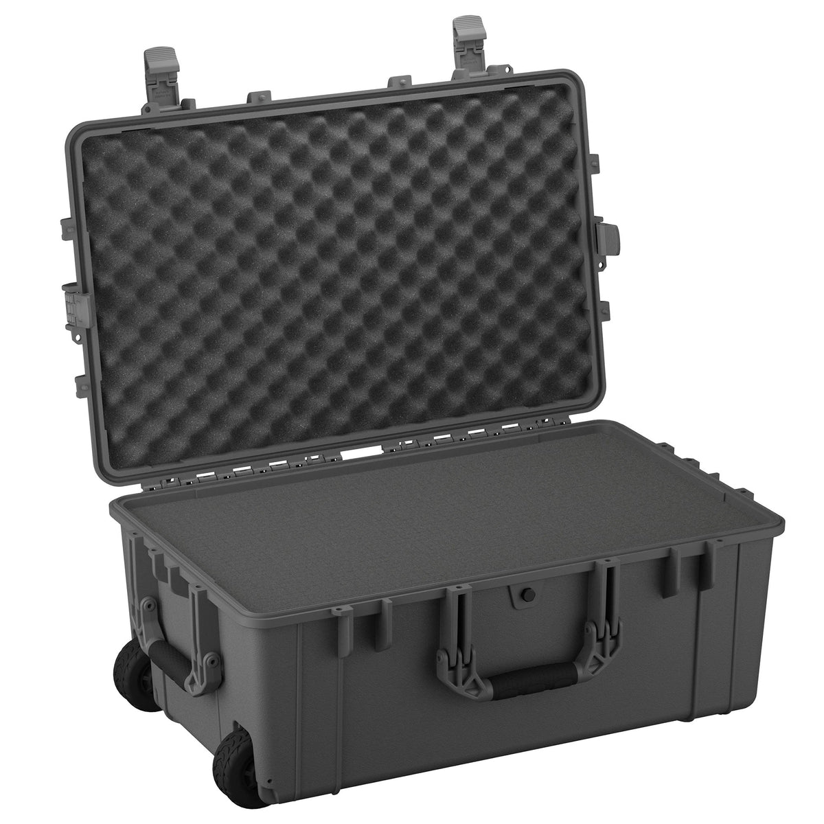 Open large, gray protective hard case with foam interior, featuring rugged handles and built-in wheels, model number #1258, measuring 79 cm.