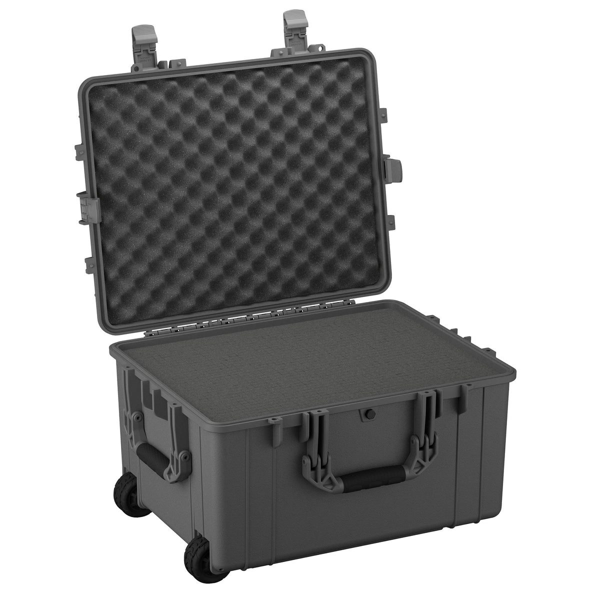 64 cm large protective case #286 with wheels, shown open displaying its egg-crate foam interior. The sturdy grey case features dual latches and side handles for secure transport.