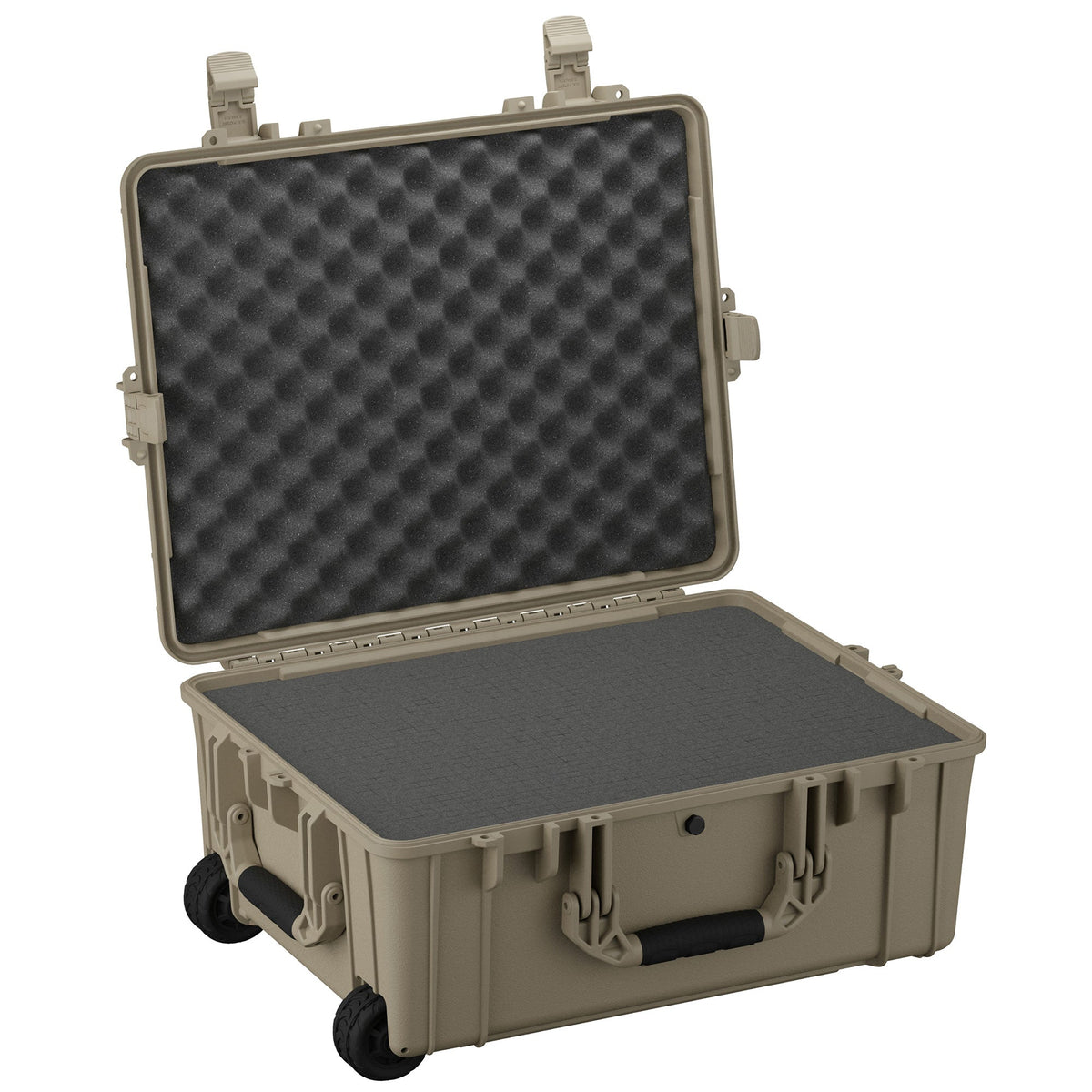 Open 64 cm large protective case with foam inserts, featuring durable sand-colored exterior, secure latches, and built-in wheels for easy transportation.