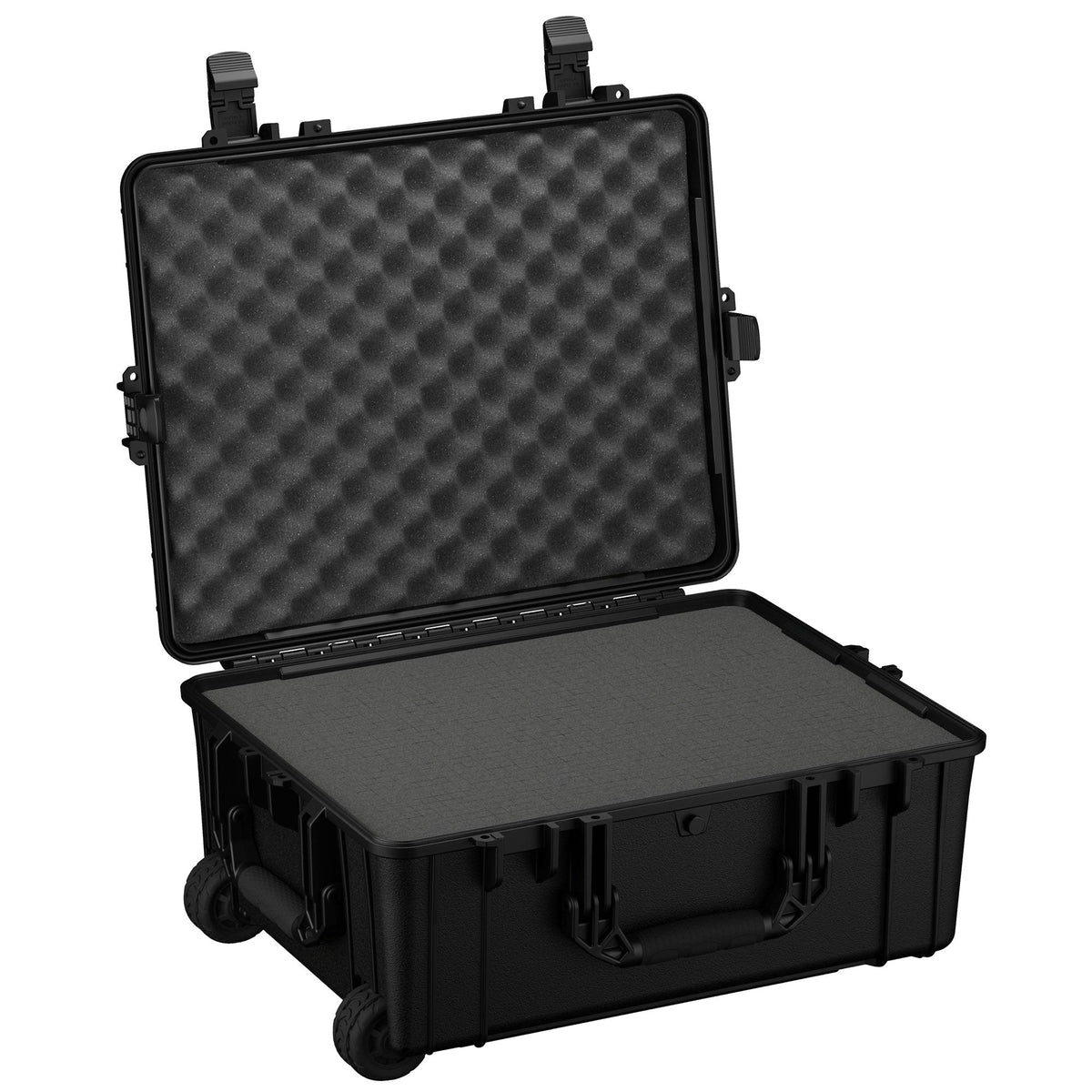 Large black hard protective case with wheels and handles, open to display convoluted foam interior, measuring 64 cm, Case #287.