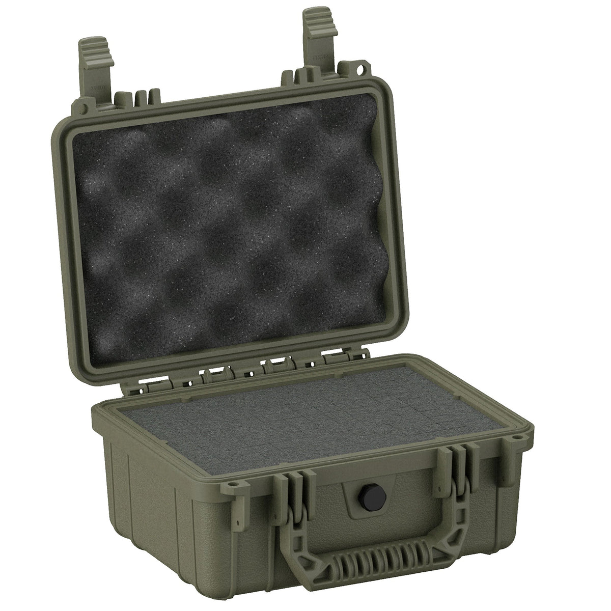 Open rugged small protective case, 25 cm, model #312 in olive green with foam inserts on both base and lid, designed for secure storage and transportation of sensitive items.