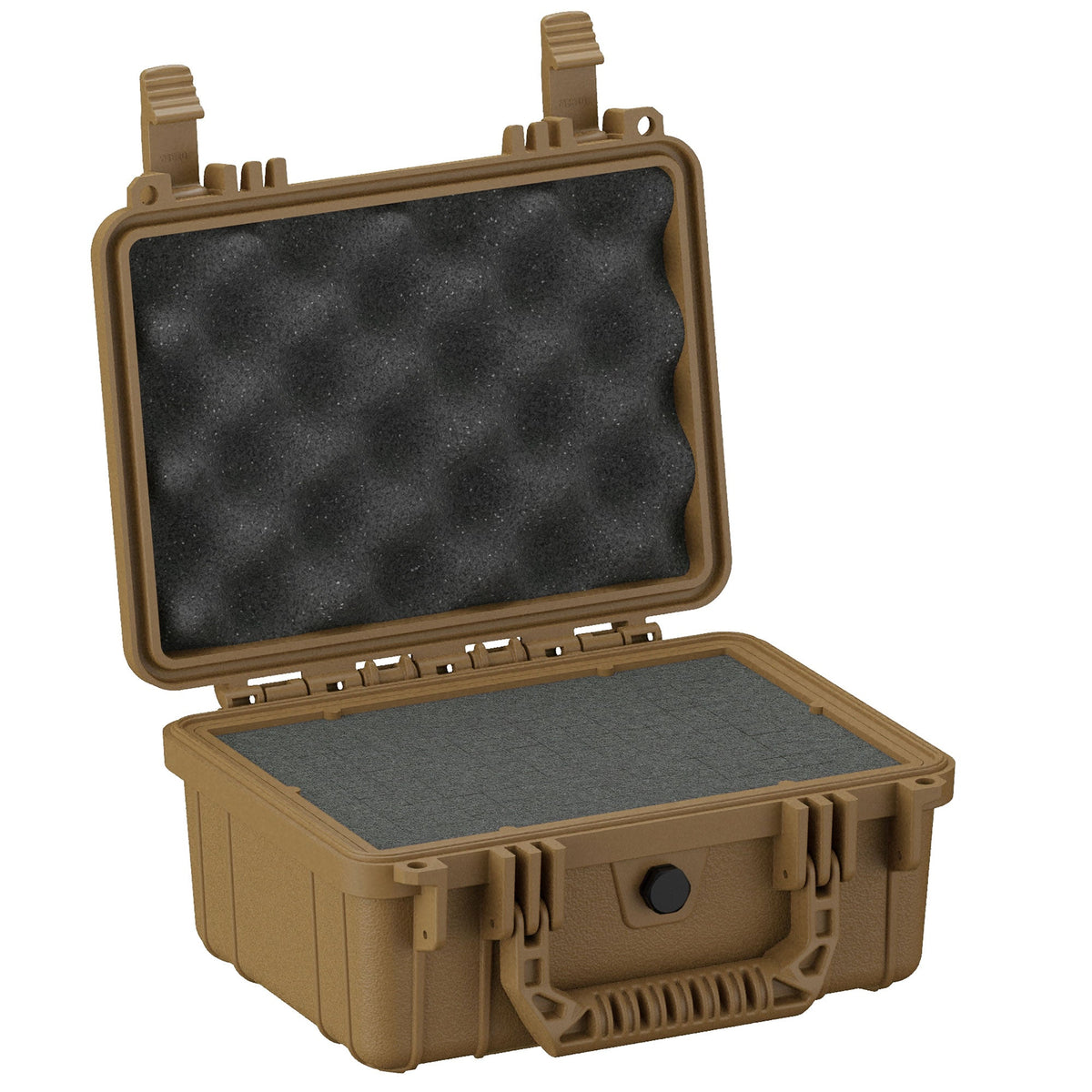 A rugged, tan 25 cm protective case, model #312, with dual latches and a black knob for secure closure. The case is open, displaying a foam-lined lid and a padded interior base for cushioning and protection