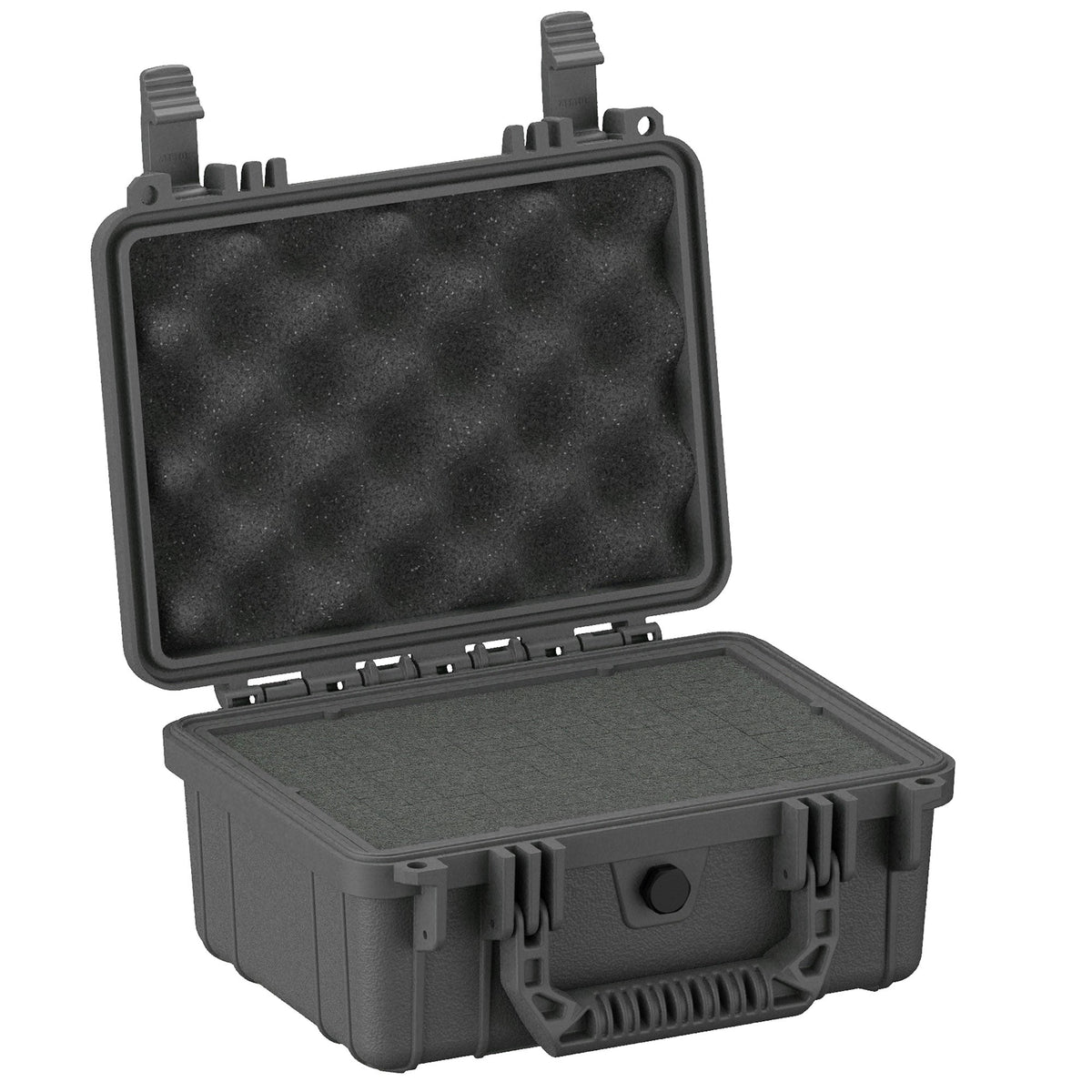 Durable 25 cm rugged protective case, model number 312, shown open with gray foam inserts in both upper and lower sections for cushioning, featuring robust black plastic exterior and secure latch closure.