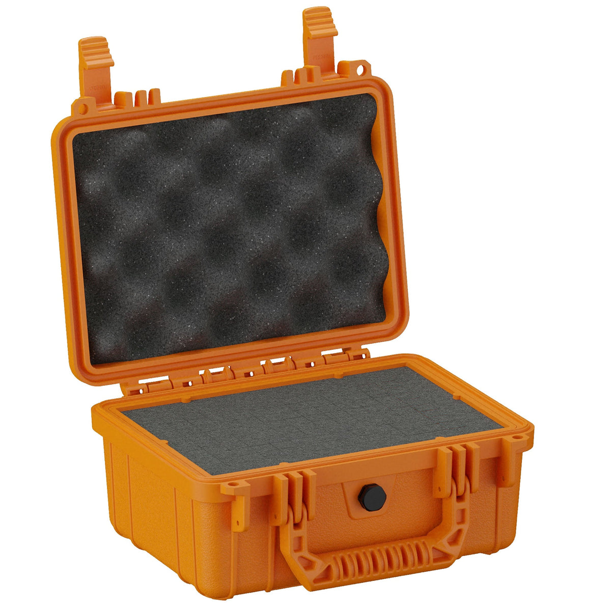 Open 25 cm small orange protective case (#312) with dual foam interior, featuring convoluted foam in the lid and a flat foam base, designed for secure storage and transportation of fragile items.