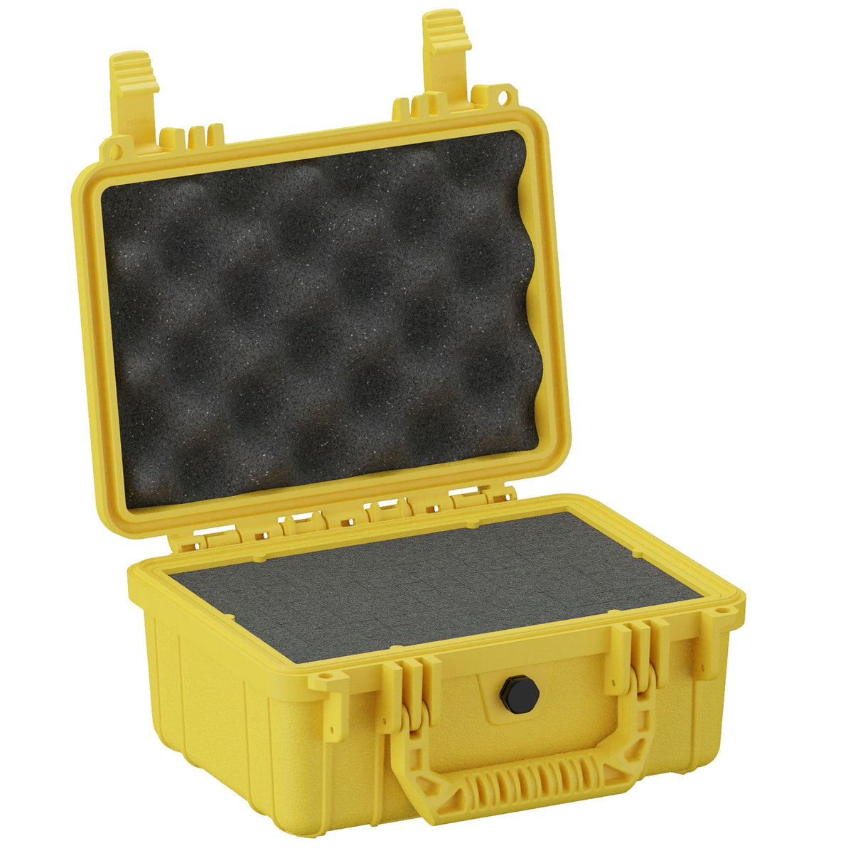 Yellow 25 cm protective small case with foam interior, open lid displaying egg crate foam padding, durable exterior, and robust handle.