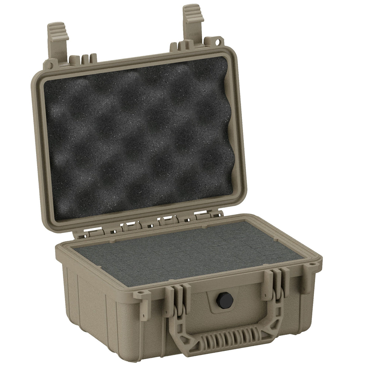 25 cm rugged small protective case, model #312, in olive green color with open lid showing egg-crate foam interior in the top and flat foam padding in the bottom compartment.