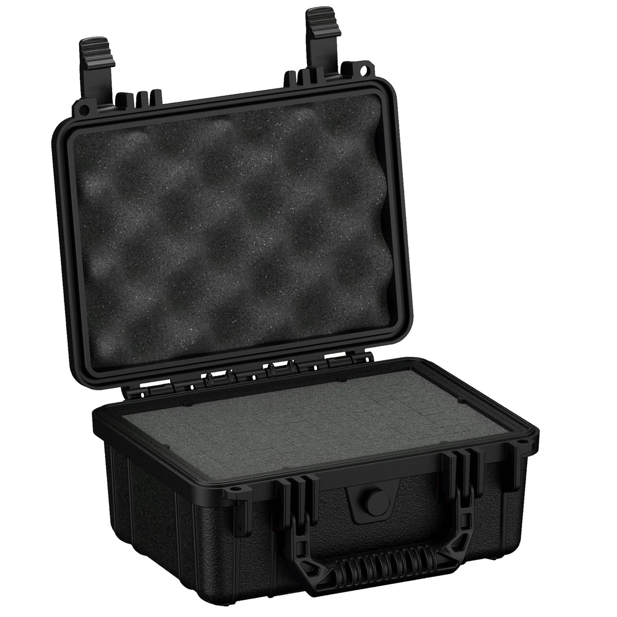 Robust black hard shell protective case, 25 cm, model #312, shown open with customizable foam interior and durable exterior latches.
