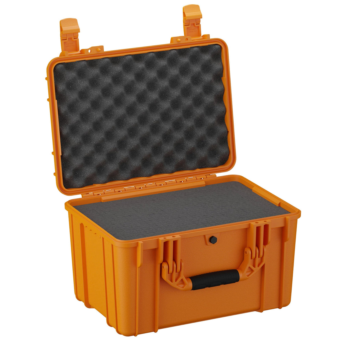 Orange 46 cm medium protective case with open lid showing foam interior, rugged handles, and dual latches, designed for secure storage and transportation.