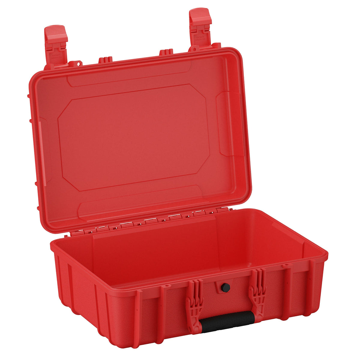 Red 46 cm medium-sized protective case #801 with open lid, featuring robust handles and secure latches, ideal for safely transporting and storing valuable equipment.