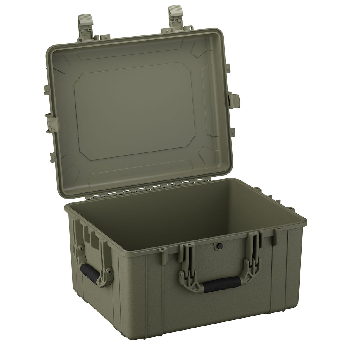 A 64 cm large olive green protective case (Case #024) with a robust design, featuring heavy-duty latches and a sturdy handle, displayed open to show the spacious interior.