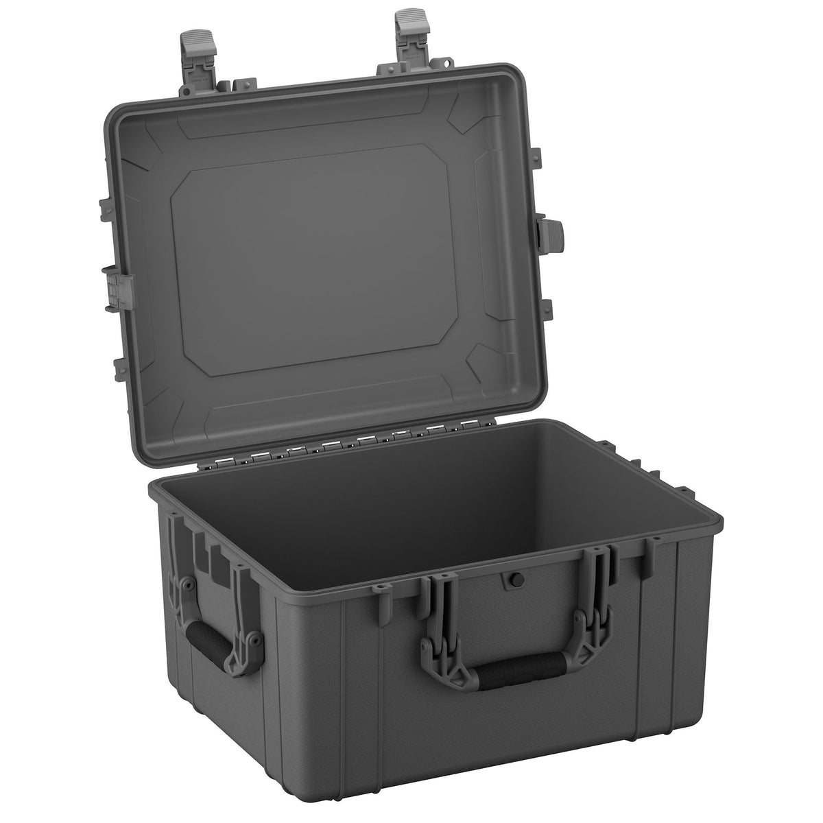 Open large rugged gray protective case, measuring 64 cm, featuring dual locking clasps and a thick handle, ideal for secure storage and transportation of sensitive equipment.