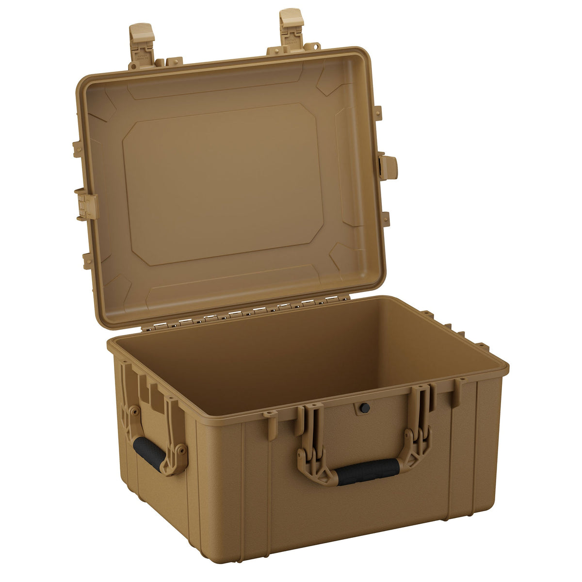 Large 64 cm tan protective case with open lid, featuring durable handles and secure latch closures, suitable for storing and transporting sensitive equipment.